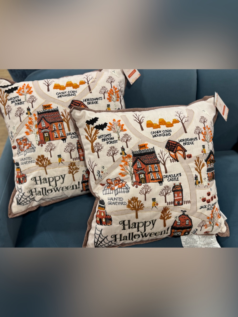 2 Halloween Embroidered Decorative Throw Pillow - Orange & Cream